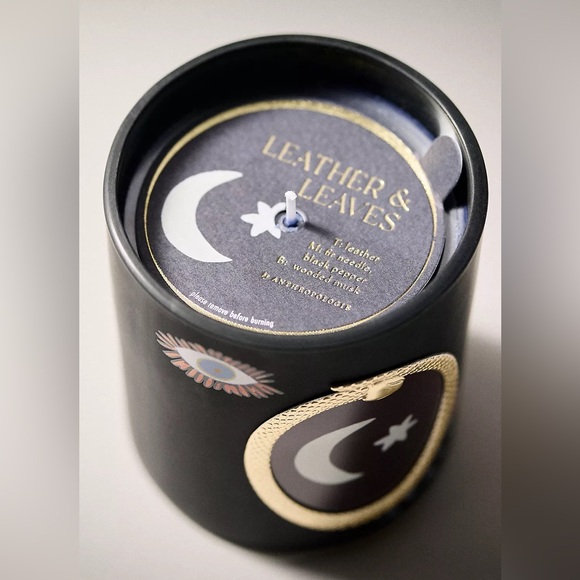 New Anthropologie Woody Halloween Moon Leather & Leaves Glass Candles - Picture 2 of 2